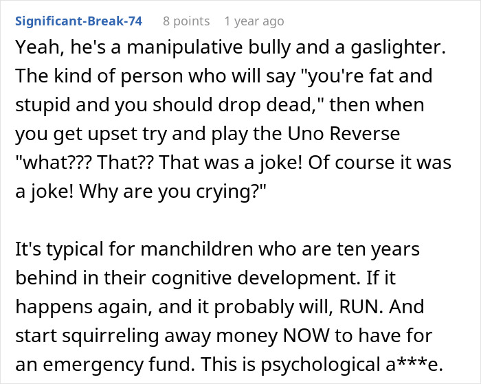 Comment discussing manipulative behavior linked to man jokes about trading wife for younger woman and twin brother dating offer. Comment discussing manipulative behavior linked to man jokes about trading wife for younger woman and twin brother dating offer.