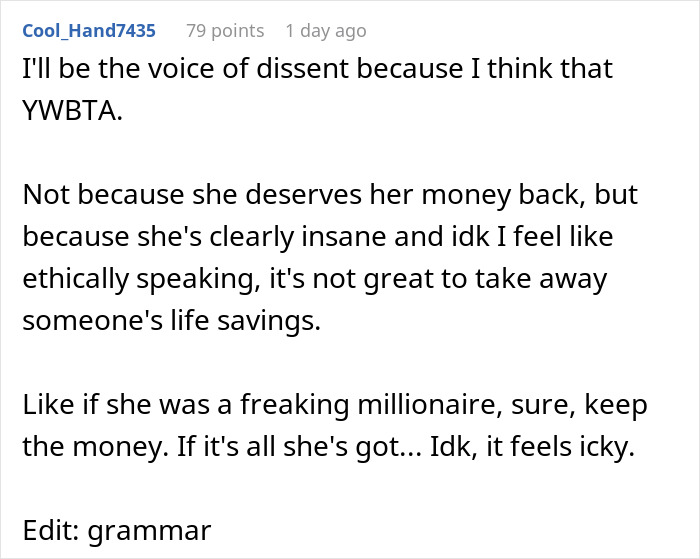 Text post from Cool_Hand7435 expressing concern about taking away someone's life savings despite disagreement. Text post from Cool_Hand7435 expressing concern about taking away someone's life savings despite disagreement.
