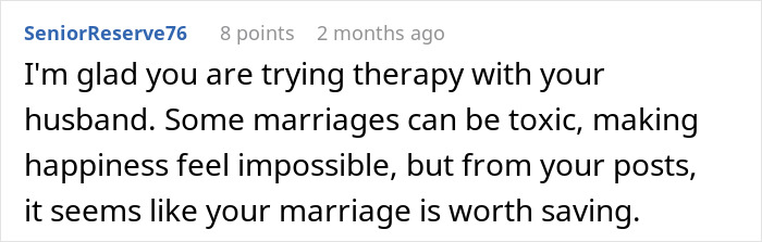 Comment text on a social media post discussing therapy and toxic marriages, highlighting marriage worth saving. Comment text on a social media post discussing therapy and toxic marriages, highlighting marriage worth saving.