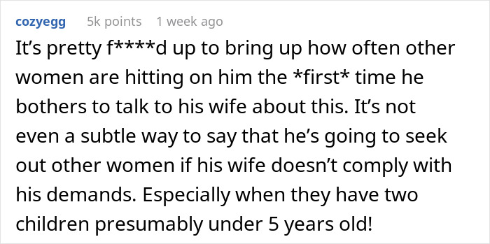 Comment discussing concerns about husband asking wife to change intimacy boundaries and predictions of divorce. Comment discussing concerns about husband asking wife to change intimacy boundaries and predictions of divorce.