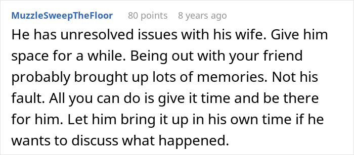 Comment about unresolved issues and giving space, related to woman sets up widow and single mom for a date. Comment about unresolved issues and giving space, related to woman sets up widow and single mom for a date.