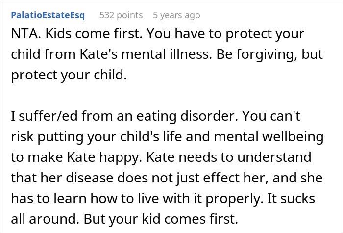 Comment warning to protect child from eating disorder influence, emphasizing child’s wellbeing over ex’s illness effects. Comment warning to protect child from eating disorder influence, emphasizing child’s wellbeing over ex’s illness effects.