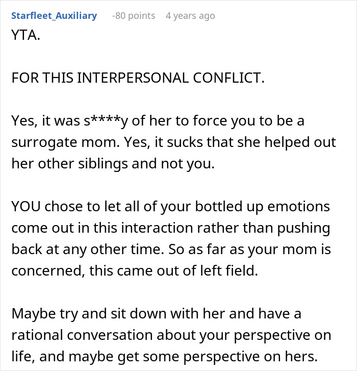 Comment discussion on siblings taking care and refusing support from mother in a family conflict scenario. Comment discussion on siblings taking care and refusing support from mother in a family conflict scenario.