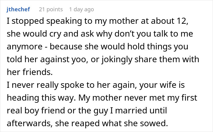 Comment explaining reasons for telling wife why daughter doesn’t trust, highlighting broken communication with mother. Comment explaining reasons for telling wife why daughter doesn’t trust, highlighting broken communication with mother.