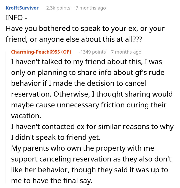 Online discussion showing woman’s dilemma about canceling friend’s holiday booking after bro’s girlfriend harassment. Online discussion showing woman’s dilemma about canceling friend’s holiday booking after bro’s girlfriend harassment.