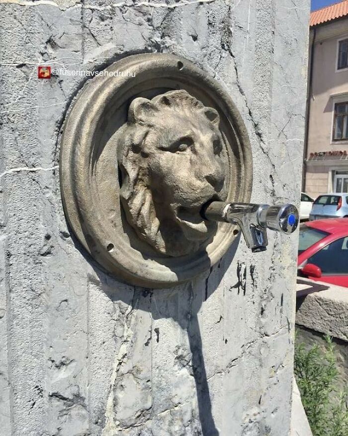 Lion head construction detail with a water tap protruding awkwardly from the mouth, an unusual design flaw.