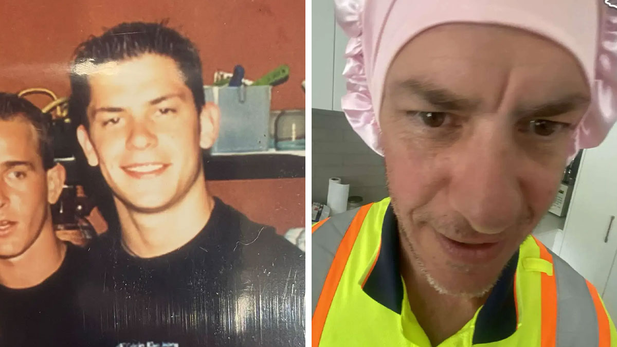 Side-by-side iconic photos of a parent in youth and in present day wearing a pink shower cap and safety vest