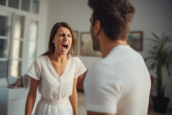 Young woman angrily confronting married coworker indoors, fearing their comment influenced his decision toward divorce. Young woman angrily confronting married coworker indoors, fearing their comment influenced his decision toward divorce.