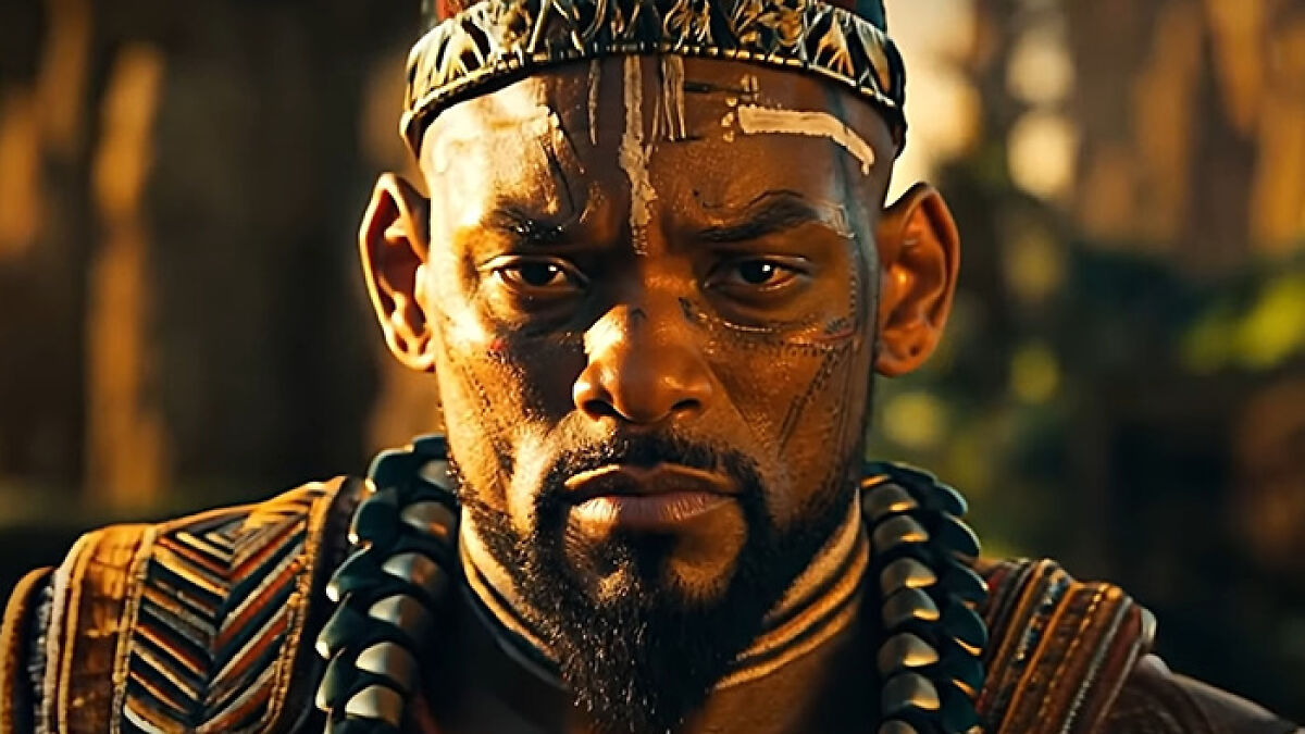 Close-up of a Black Panther 3 AI trailer character with tribal face paint and traditional necklace in a forest setting.