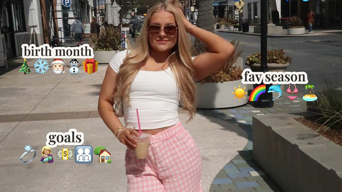 Young woman posing outdoors with sunglasses and iced drink, social media posts about motherhood and personal goals visible.