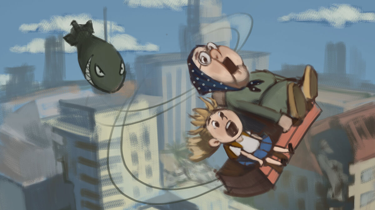 Digital animation showing children fleeing war with a flying book, chased by a b**b shaped like a fish in a cityscape.