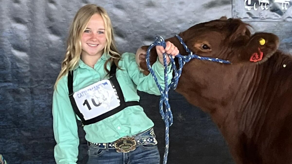 Teenage girl smiling while holding a rope tied to a brown cow, representing a tragic dad mistakenly ending her life.