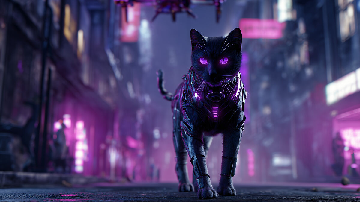 Cybernetic cat with glowing purple eyes walking through a neon-lit futuristic city in a nature-inspired art collection.