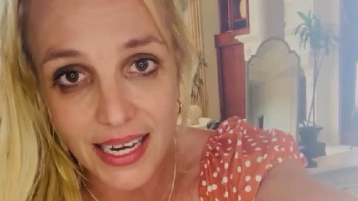 Britney Spears close-up speaking in a casual indoor setting, highlighting behavior concerns with dog p**p incident.