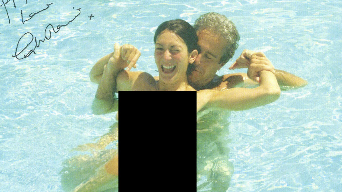 Jeffrey Epstein and a woman in a swimming pool, part of a suggestive photo collection from his 50th birthday book.