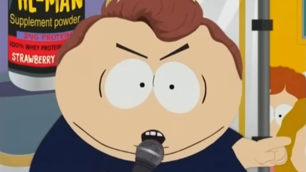 South Park character speaking into microphone in an intense scene from the controversial episode about Charlie Kirk.