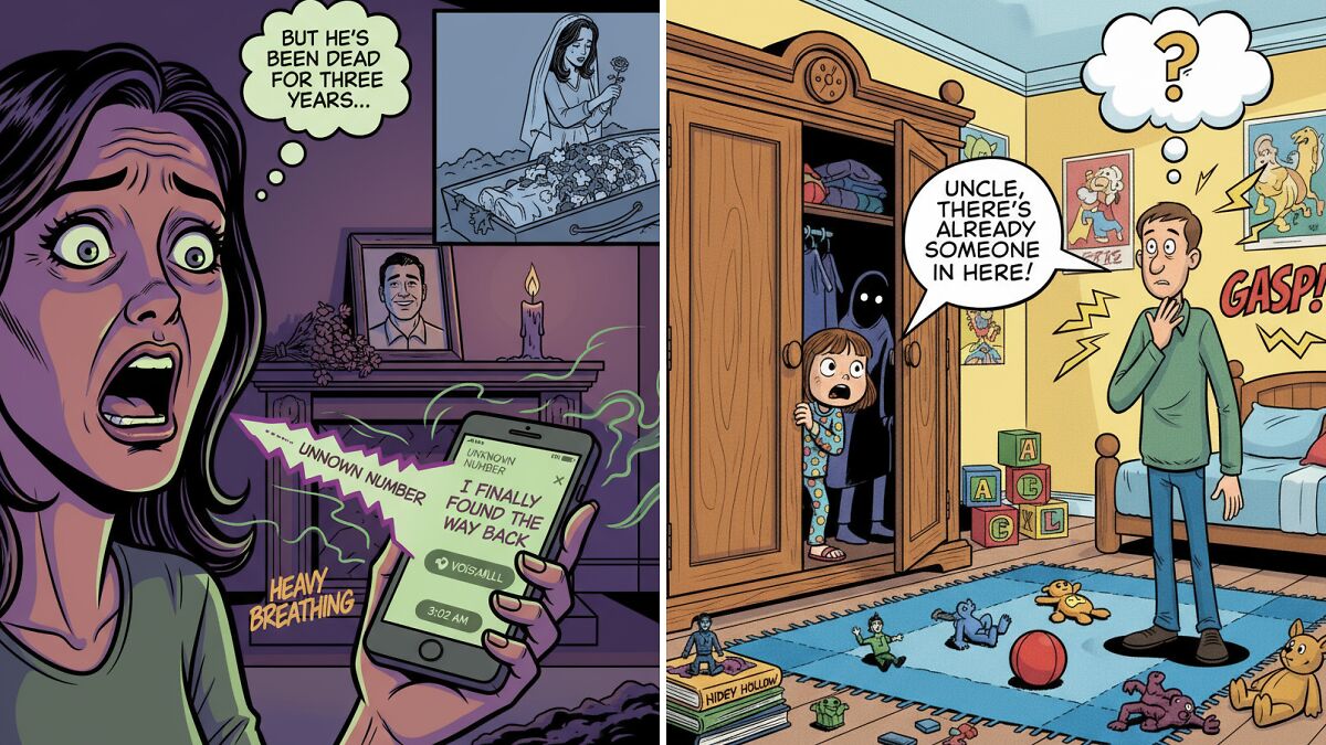 Woman shocked by eerie phone message in dark room, girl screams at shadow in closet, short horror stories theme.