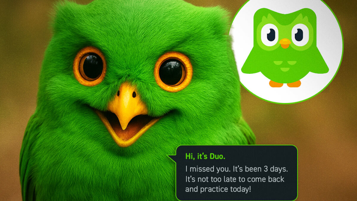 Realistic green owl representing Duolingo character with bright orange eyes, inviting practice in AI reimagined style.