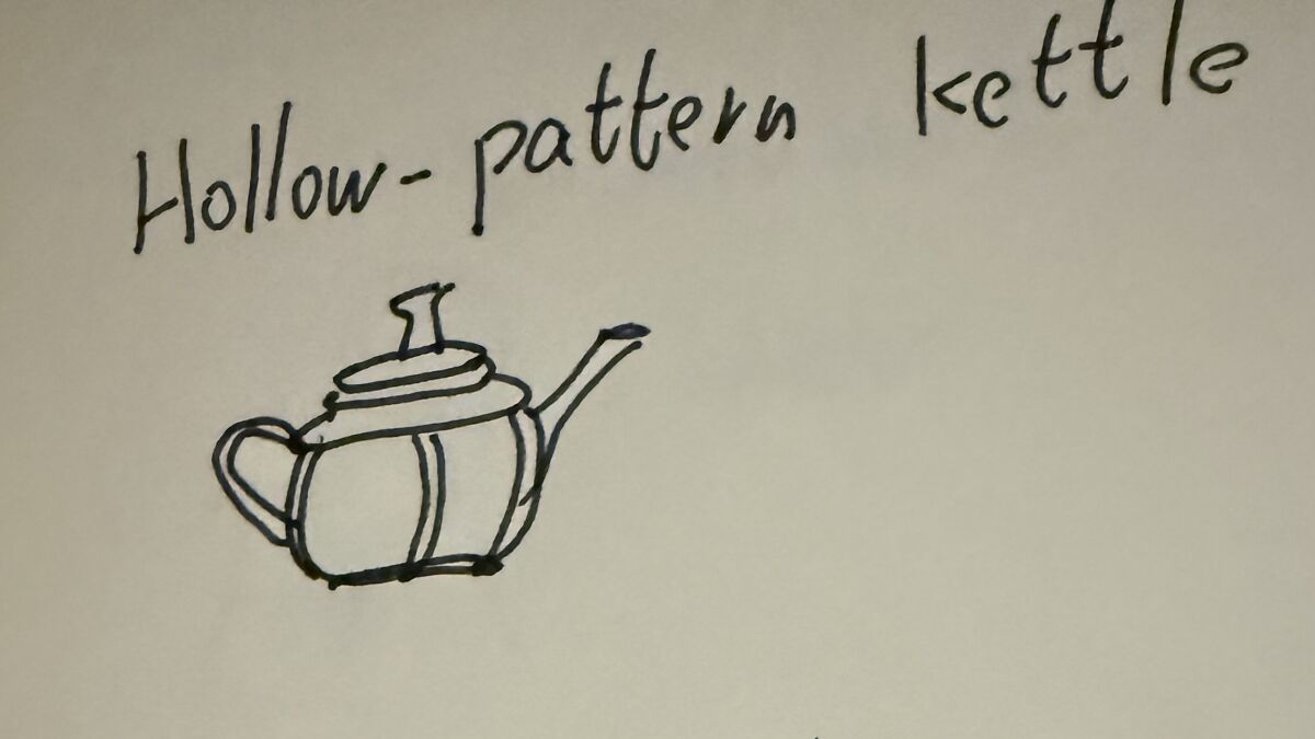 Hand-drawn sketch of a hollow-pattern kettle with handwritten label on white paper illustrating bad ideas of items.