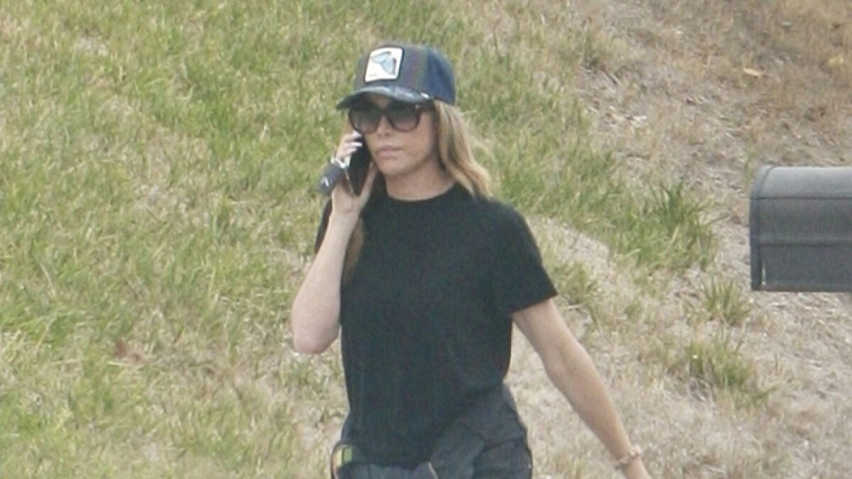 Denise Richards wearing a black shirt and cap talking on phone outdoors amid rescuing 15 dogs from estranged husbandu2019s home