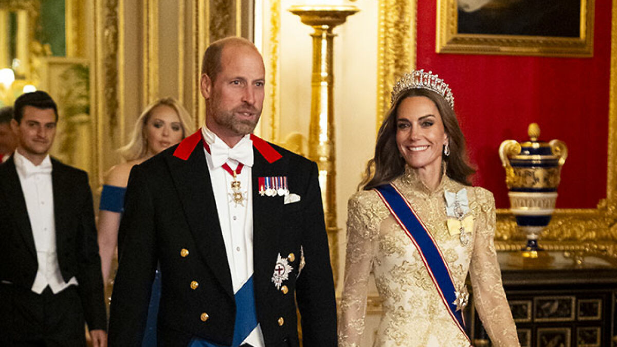 Kate Middleton at a state banquet, seated with an unexpected Trump relative, highlighting royal and political connections.