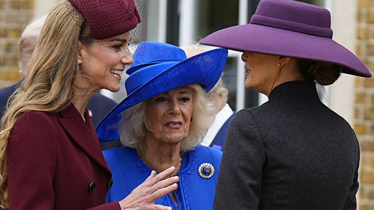 Queen Camilla engaged in a controversial gesture toward Kate Middleton during the Trump visit, both wearing elegant hats.