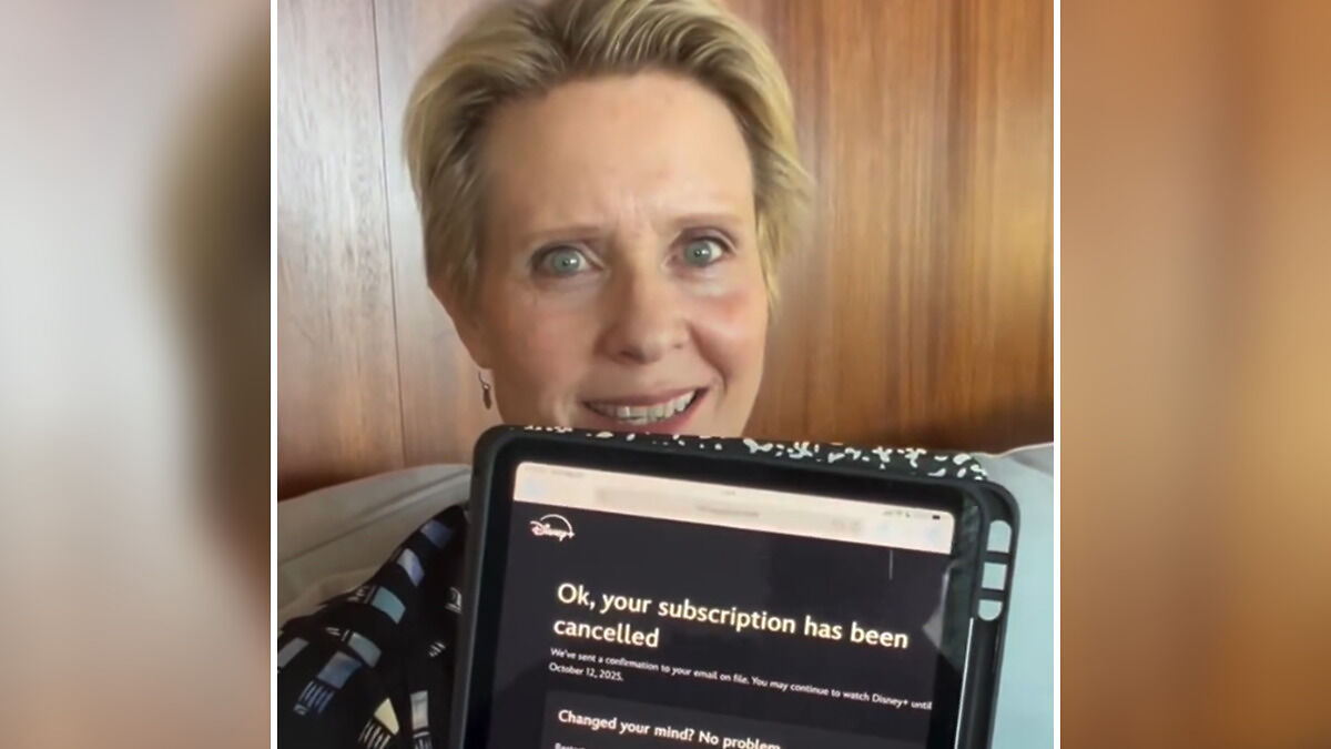 Actor holding a tablet showing Disney+ subscription cancellation amid boycott over Jimmy Kimmel suspension.