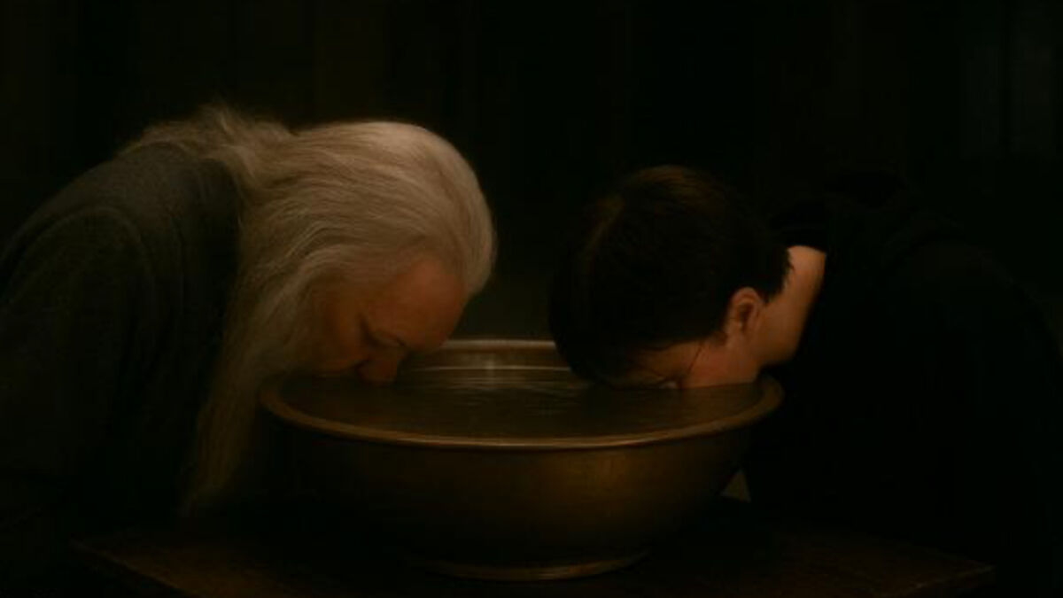 Two characters from Harry Potter dipping their faces into a basin in a dark room, Harry Potter memes theme.