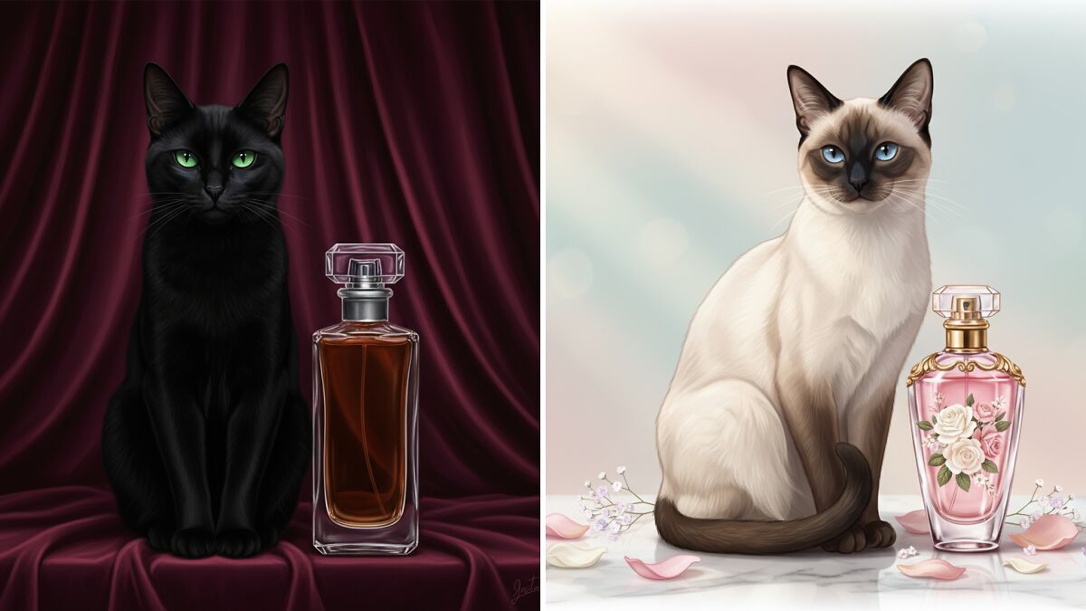 Two cats representing perfumes, one black with green eyes by a dark bottle, one Siamese with blue eyes by a floral bottle.