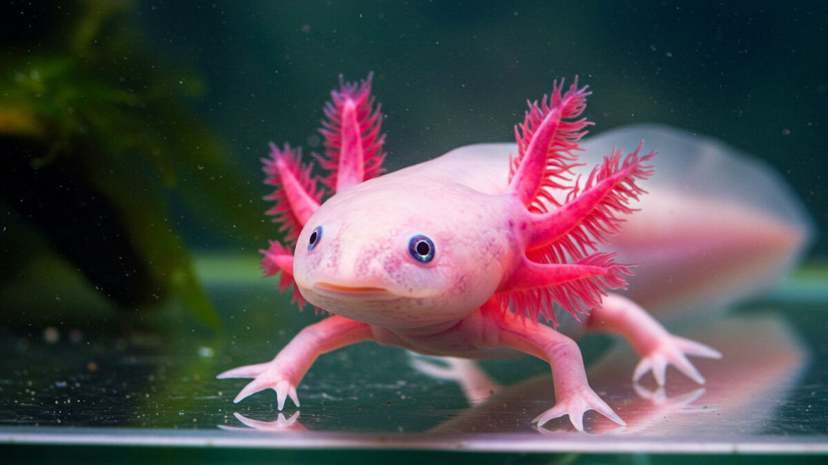 Pink axolotl with feathery gills walking on a glass surface underwater, one of the animals that look too weird to be real.
