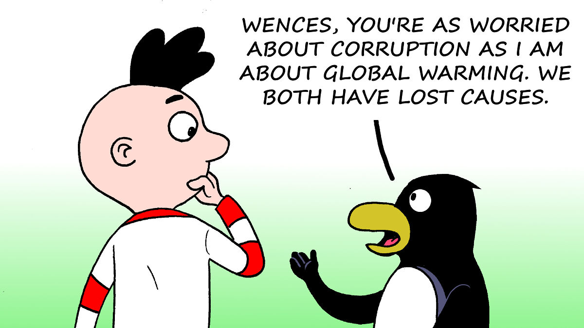 Wences and his friends in a cartoon discussing concerns about corruption and global warming with expressive gestures.