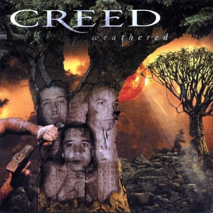 Creed weathered album cover with superimposed faces on tree trunks and a surreal orange sunset background.