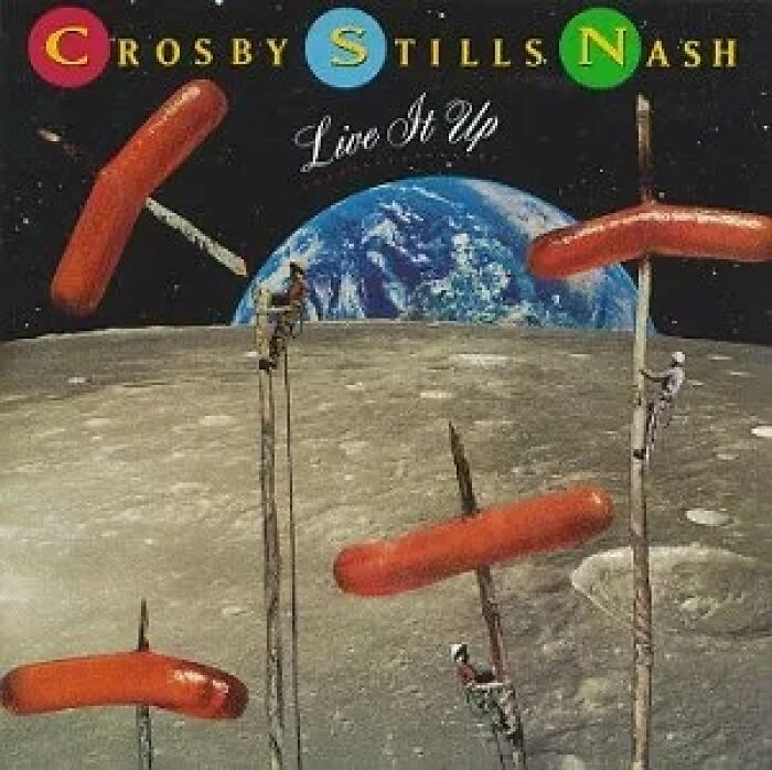 Surreal album cover showing giant hot dogs on sticks planted on the moon with Earth in the background, reflecting bad album covers.