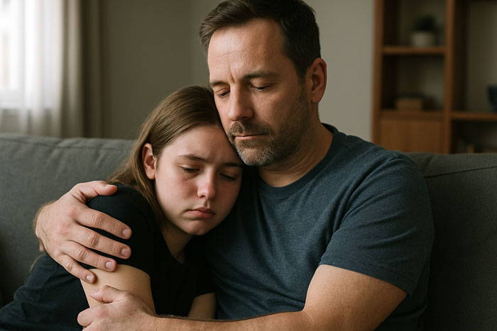 Father and teenage daughter cuddling on couch, showing a comforting and close family moment at home. Father and teenage daughter cuddling on couch, showing a comforting and close family moment at home.