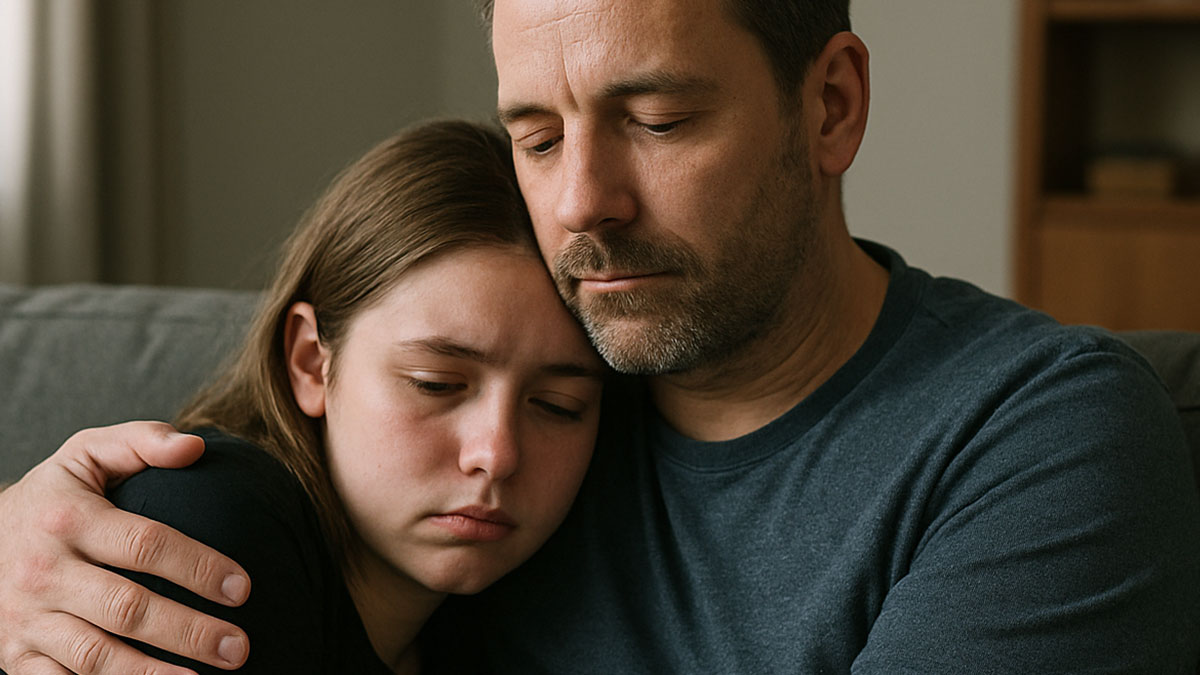 Father and teenage daughter sharing a tender cuddle while dealing with accusations of crossing limits from in-laws.