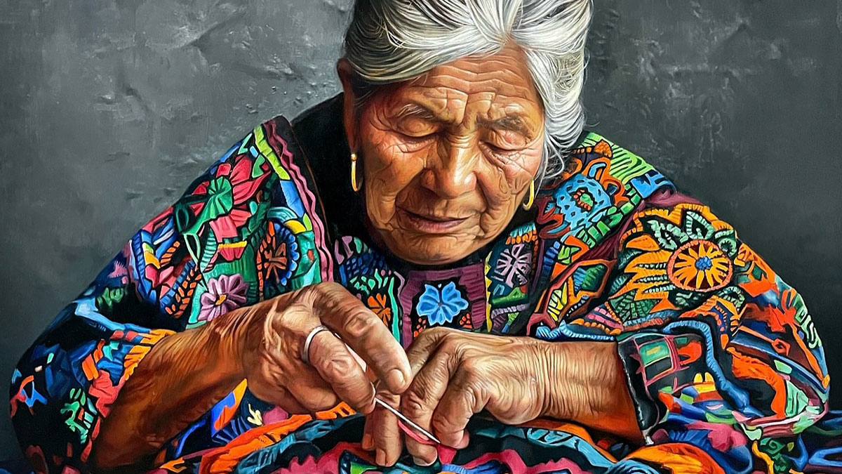 Elderly woman in colorful traditional clothing sewing detailed patterns, celebrating womenu2019s strength and beauty across cultures.