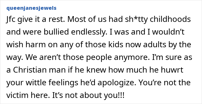 Comment from queenjanesjewels discussing relentless bullying and childhood hardships related to Charlie Kirk bullying claims. Comment from queenjanesjewels discussing relentless bullying and childhood hardships related to Charlie Kirk bullying claims.