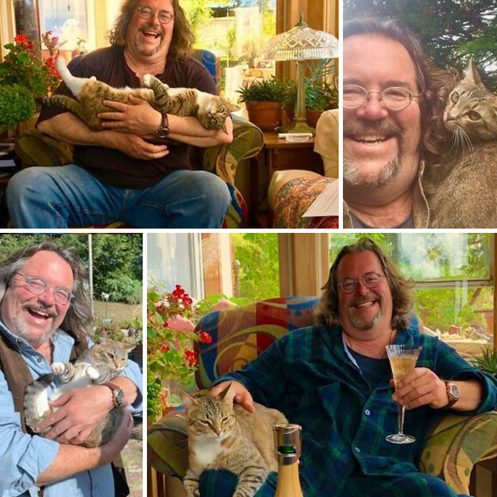 Man enjoying time with his cats at home, showing the transformation of dads who became softies with pets.
