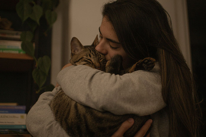 Young woman holding and cuddling her cat, upset after parents try to get rid of pet during pregnant sister's visit. Young woman holding and cuddling her cat, upset after parents try to get rid of pet during pregnant sister's visit.