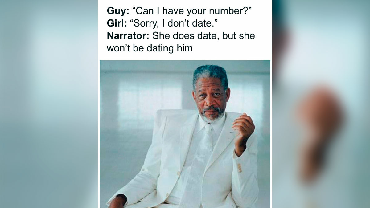 Man in white suit with caption about dating refusal and narratoru2019s commentary, funny dating meme about love life.