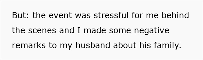 Text excerpt showing a wife describing stress from hosting MIL and SIL and making negative remarks to her husband. Text excerpt showing a wife describing stress from hosting MIL and SIL and making negative remarks to her husband.