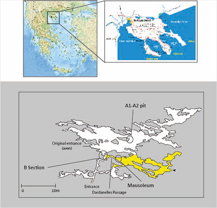 Map showing the location of Petralona Man skull discovery and cave layout with original entrance and A1-A2 pit highlighted. Map showing the location of Petralona Man skull discovery and cave layout with original entrance and A1-A2 pit highlighted.