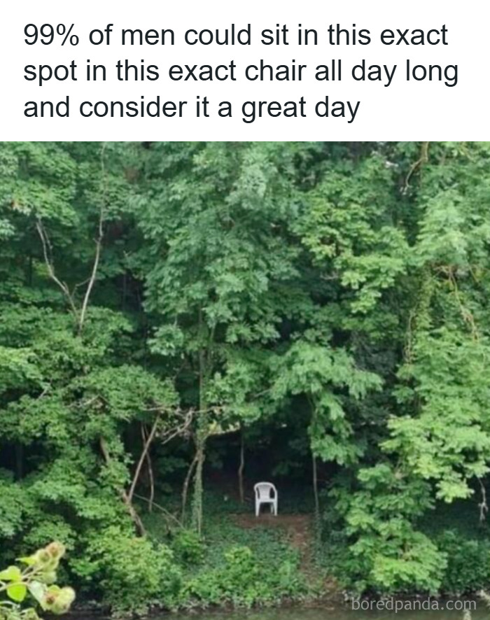 Plastic chair in a quiet forest spot near water, exemplifying men humor memes about simple joys and coping mechanisms.