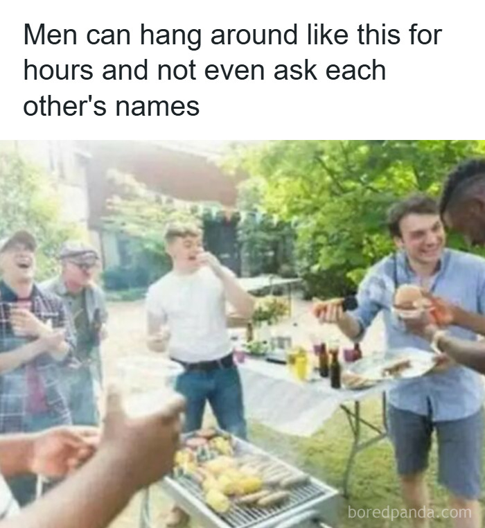Group of men laughing and grilling outdoors, illustrating men humor about hanging out without asking each other's names.