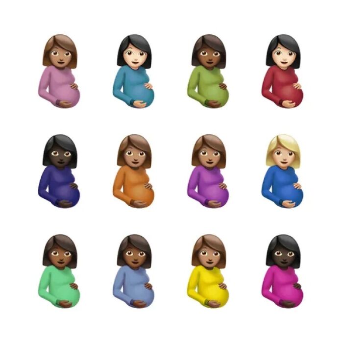 Various pregnant woman emojis in different skin tones and colorful outfits forming a grid, related to album covers SEO.