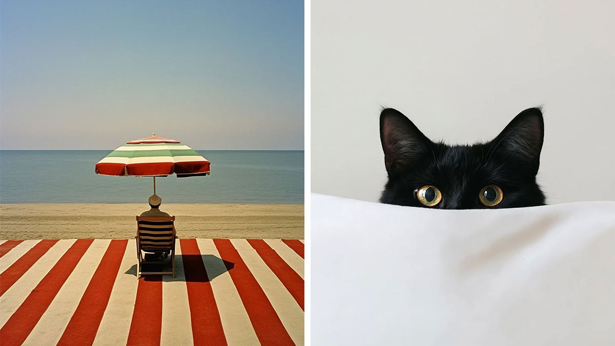 Minimalist photo of beach umbrella and chair by calm sea next to black cat peeking over white blanket, peaceful escape vibe.