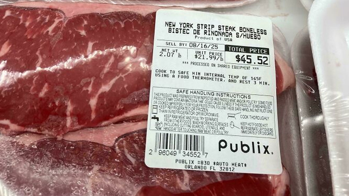 Packaged New York strip steak price label showing high cost reflecting dystopian nightmare scenes in the US.