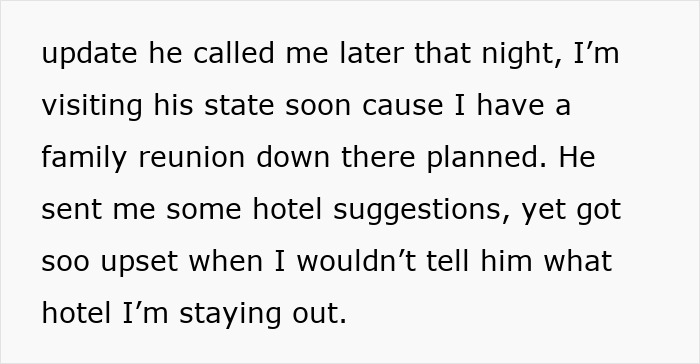 Text showing a worried woman discussing her online date remembering everything she posts and his controlling behavior about her hotel stay.