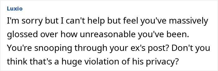 Screenshot of an online comment discussing a woman learning about her ex-husband's cancer diagnosis through snooping. Screenshot of an online comment discussing a woman learning about her ex-husband's cancer diagnosis through snooping.