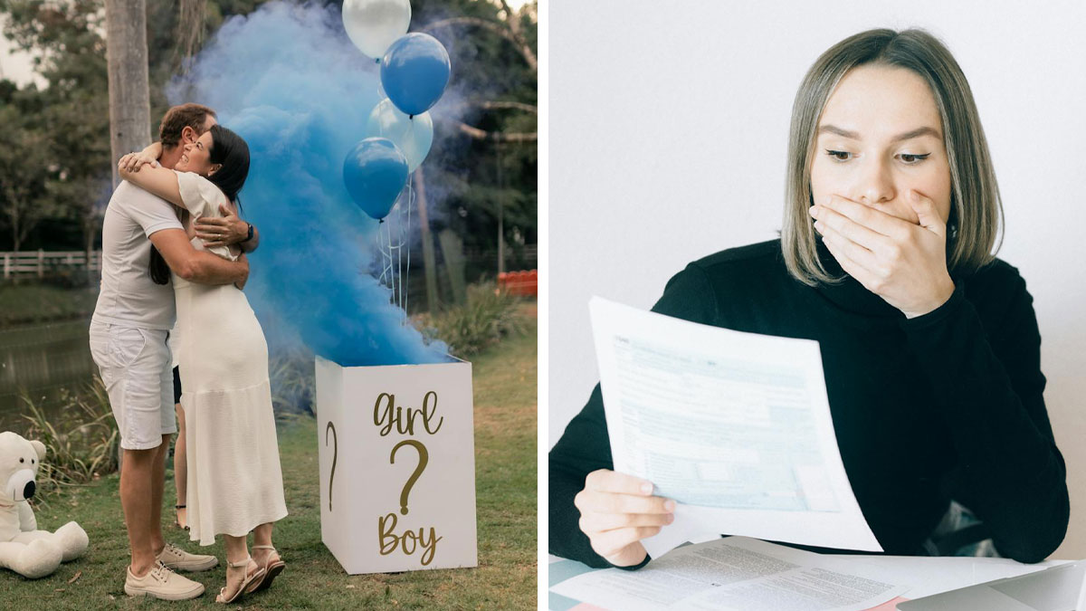 A woman reacts to adoption papers at home while a couple hugs near a gender reveal with blue smoke and balloons outside.